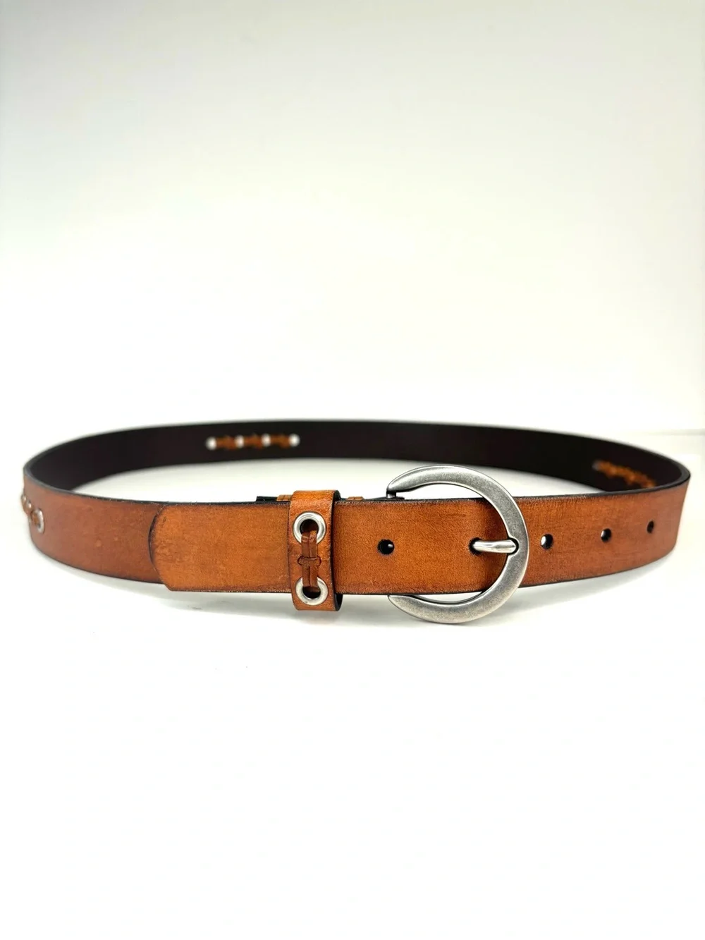 ROLFS Rustic Tan‎ Woven Leather Boho Western Belt Silver Grommets Ring Buckle LG